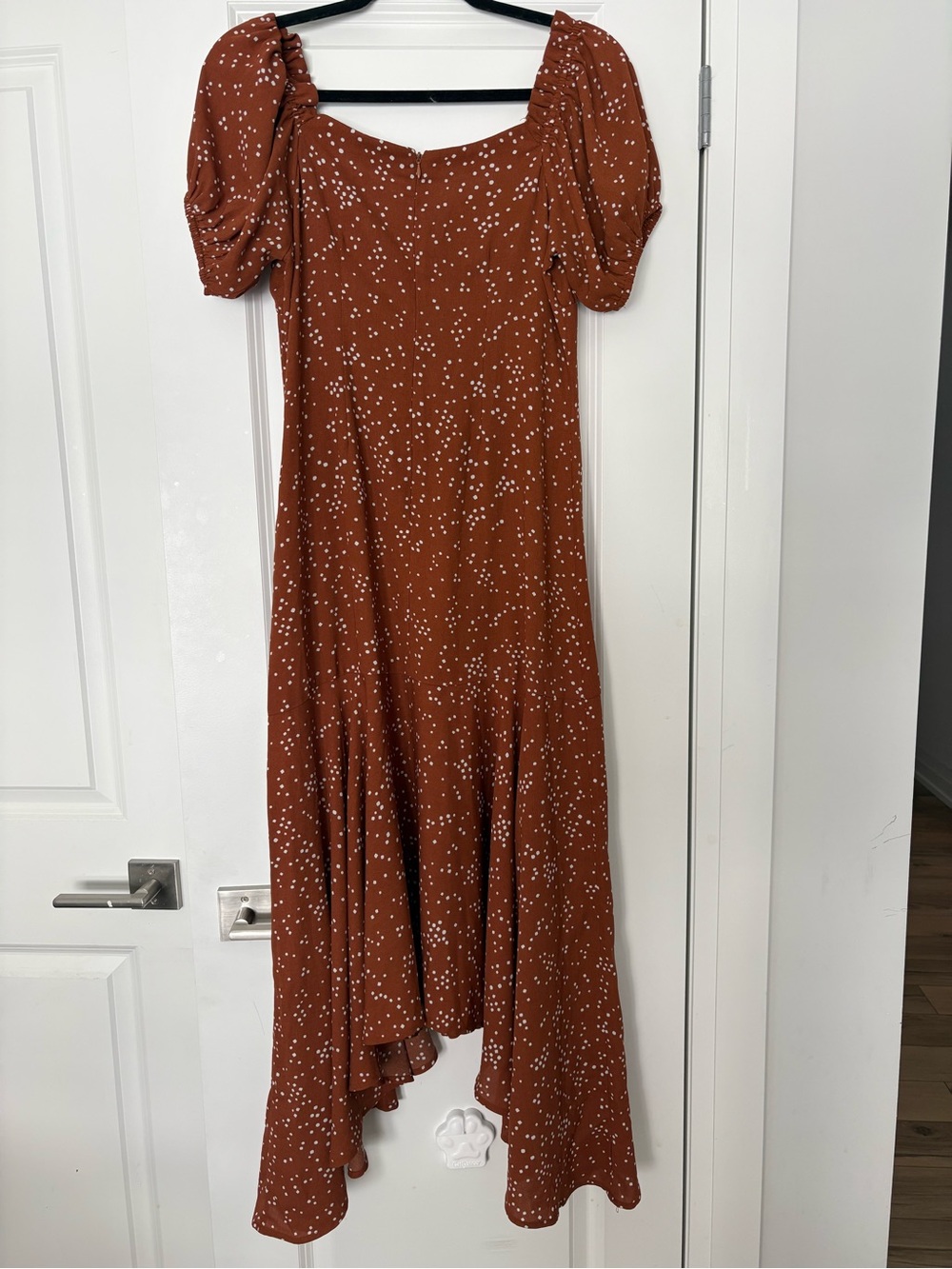 Lucca Rust Flowy Polka Dot Maxi Dress with Puff Sleeves, Size Medium - Picture 2 of 4